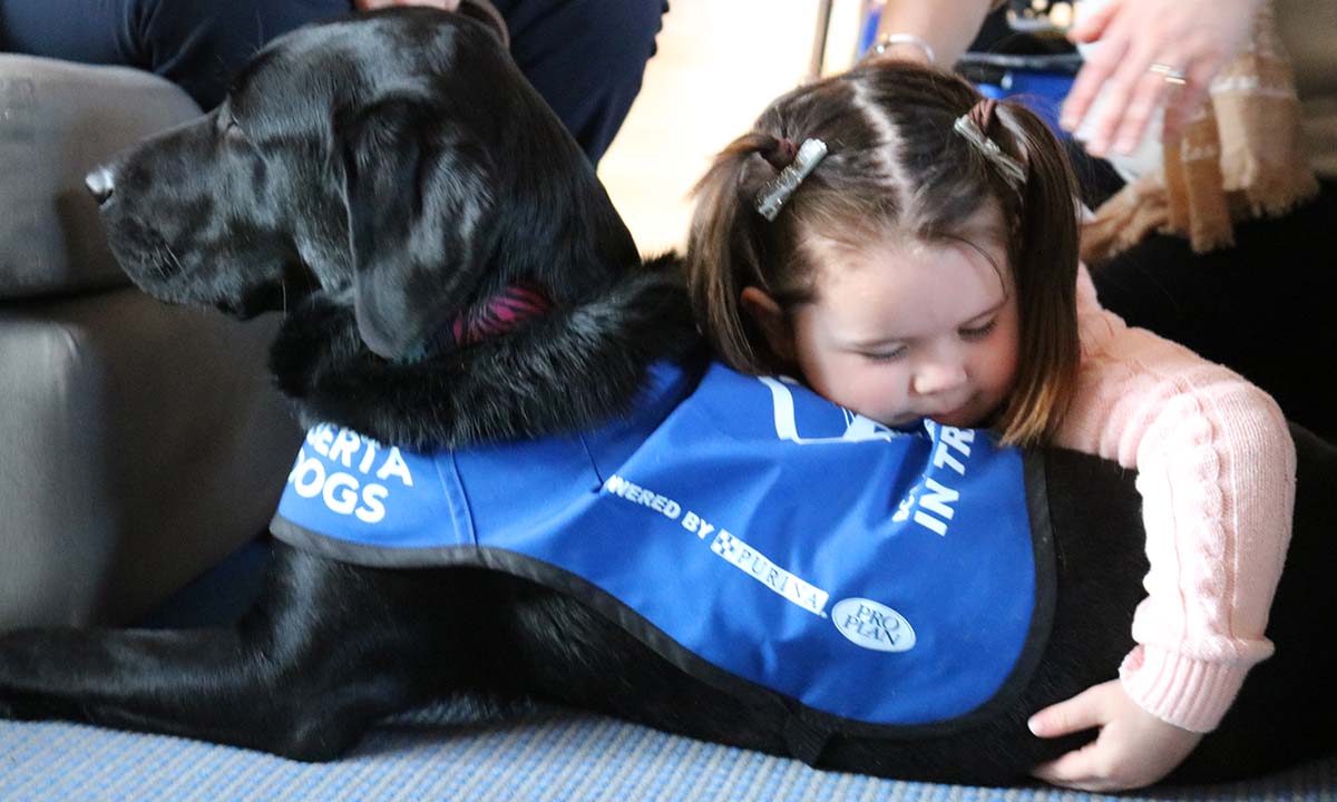 Child hugging black lab at RMH BC & Y Pet Therapy session